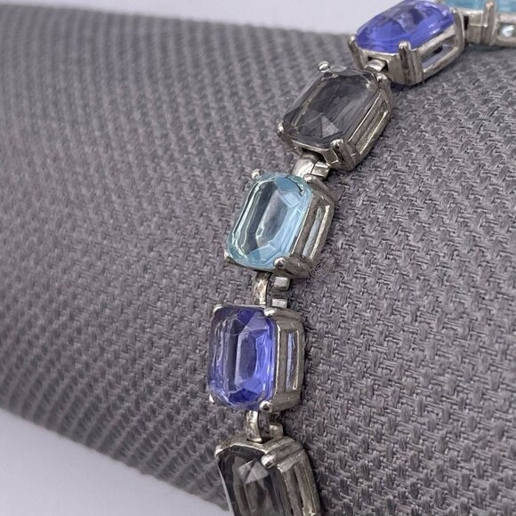 Multicolor Faceted Crystal Link Tennis Bracelet Silver Tone Fold Over Clasp - Picture 7 of 7